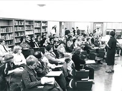 Students sitting in a classroom.