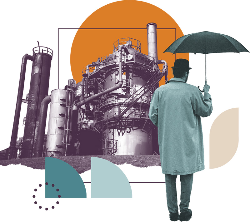 Collage of man standing under umbrella with Gas Works Park in the background.