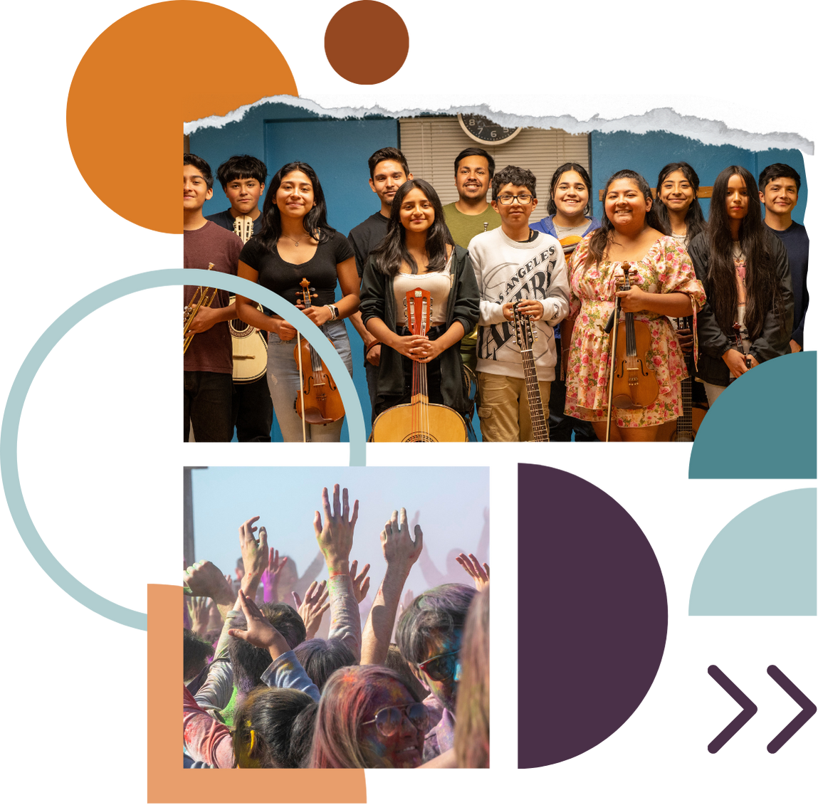 Collage featuring Mariachi Estrellas del Valle de Parque Padrinos 2023-2024 Heritage Arts Apprenticeship Program team.