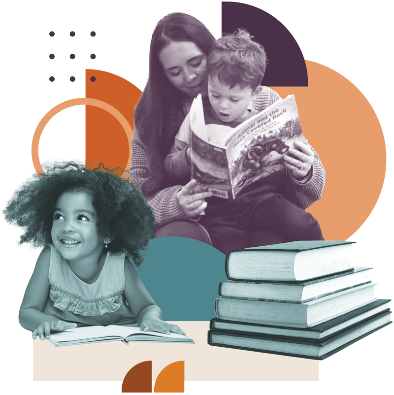 Photo collage of kids and families reading together.