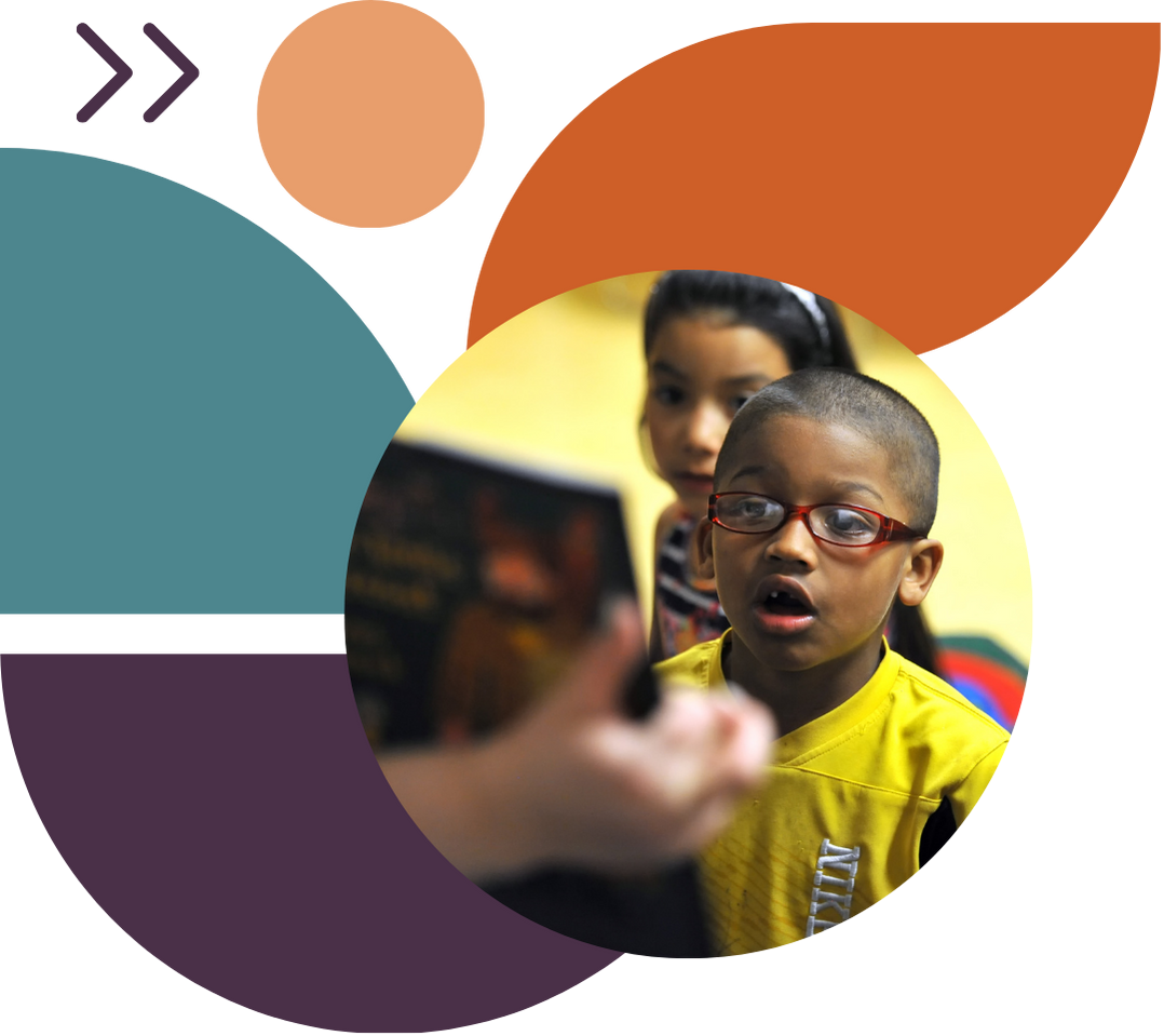 Collage featuring children looking at a book.