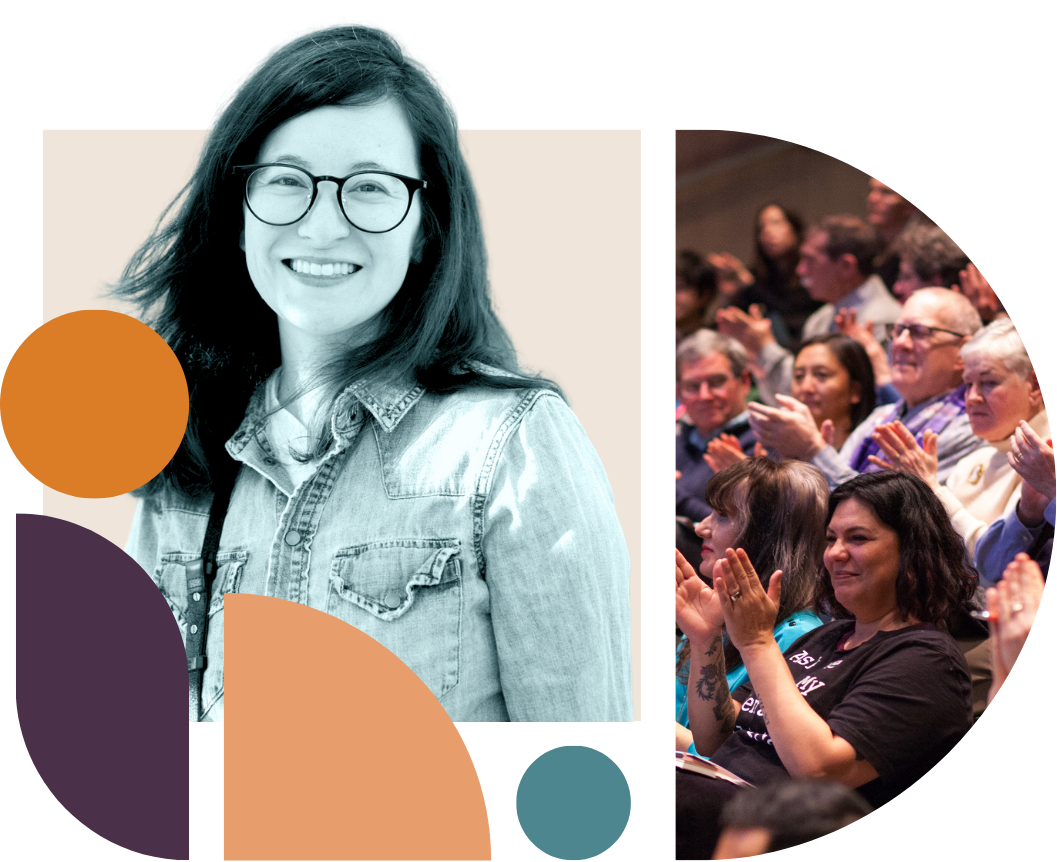 Collage featuring a crowd of people applauding and a young woman smiling. 