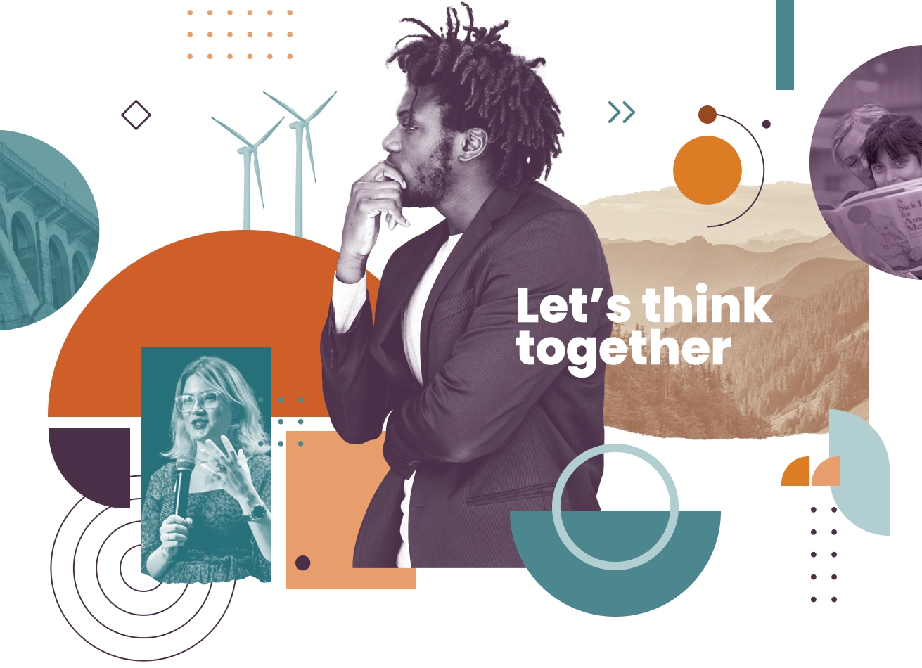 Artistic collage of various Humanities Washington programs and the words "Let's think together."